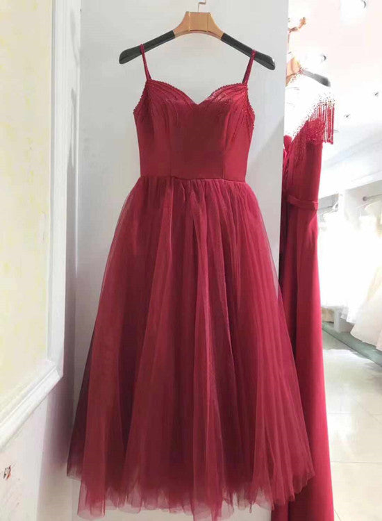 Wine Red Tea Length Sweetheart Straps Wedding Party Dress, Beautiful Formal Gowns