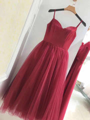 Wine Red Tea Length Sweetheart Straps Wedding Party Dress, Beautiful Formal Gowns