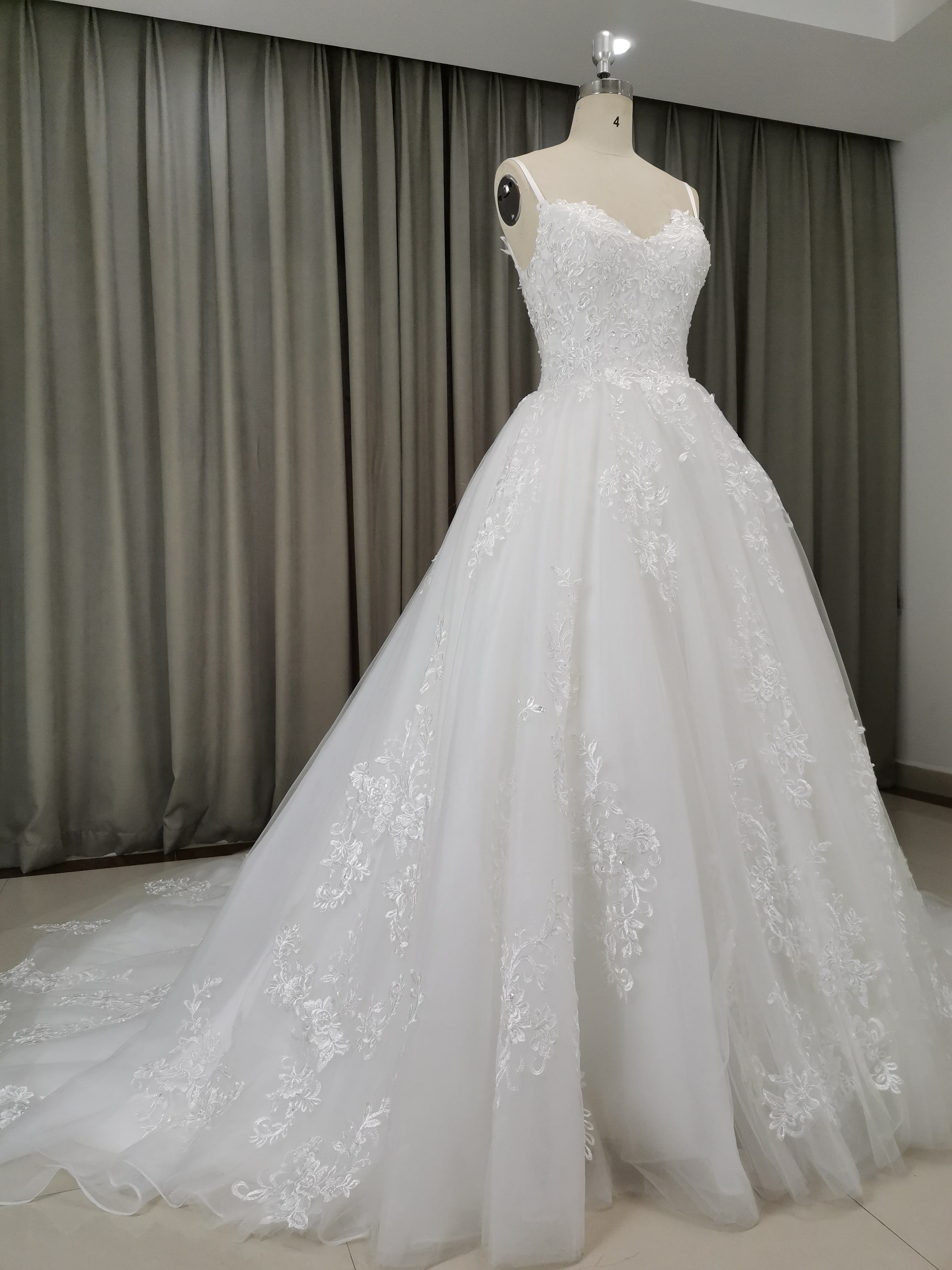 white straps tulle long wedding dress