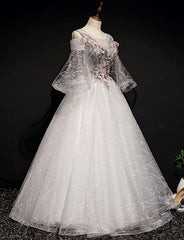 Charming Floral and Lace Ball Gown Sweet 16 Dress, Light Grey Party Dress