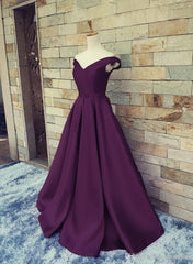 Satin Dark Purple V-neckline Long Formal Dress, Charming Party Dresses, Satin Junior Prom Dress