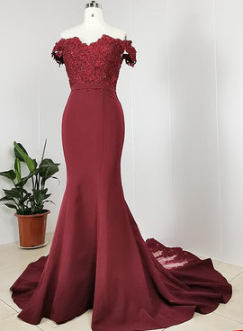 Burgundy Off Shoulder Handmade Mermaid Bridesmaid Dress, Long Prom Dress Evening Dress