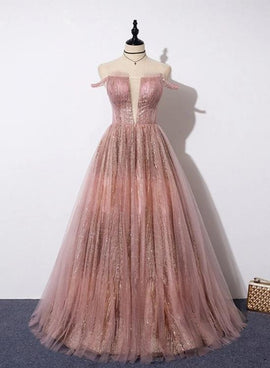 pink tulle long prom dress 2020