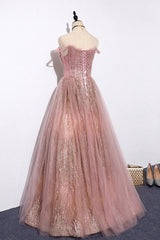 Unique Pink Sequins Tulle Off Shoulder Long Custom Size Senior Prom Dress