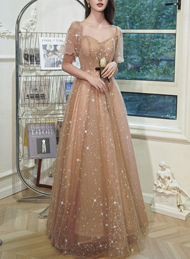 Lovely Champagne Sweetheart Tulle Party Dresses, A-line Tulle Prom Dress