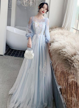 Blue Tulle with Lace Long Sleeves Floor Length Party Dress,A-line Tulle Evening Gown