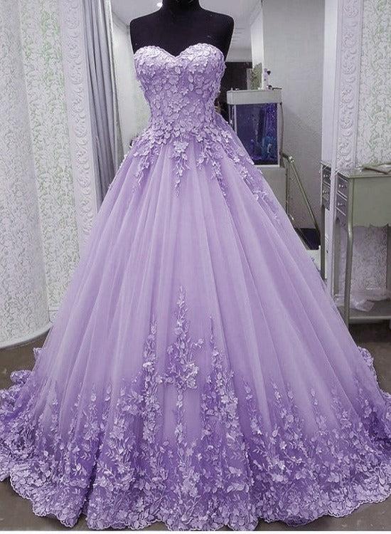 Light Purple Tulle with Flowers Lace Ball Gown Sweet 16 Gown, Long Evening Dresses