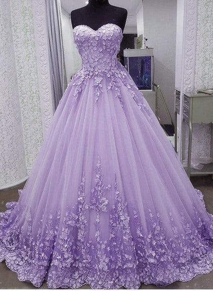 Light Purple Tulle with Flowers Lace Ball Gown Sweet 16 Gown, Long Eve ...