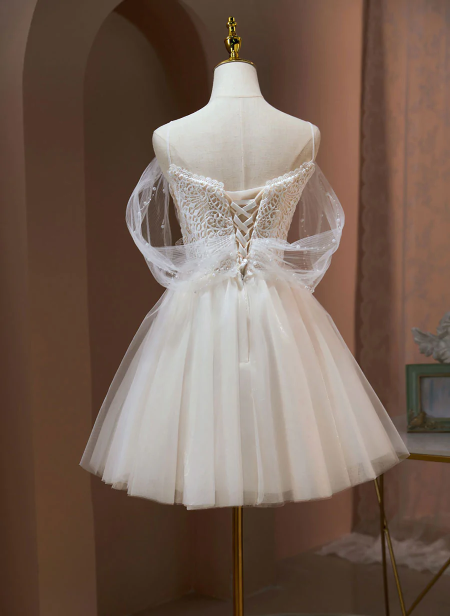 Ivory Sweetheart Tulle Short Party Dress, Ivory Tulle with Lace Homecoming Dress