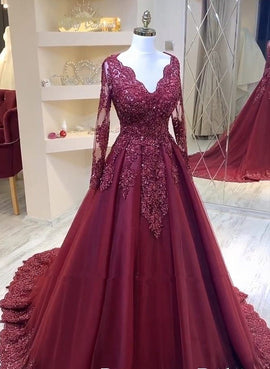 Burgundy V-neckline Tulle Long Sleeves with Lace Prom Dress, Burgundy Wedding Party Dress