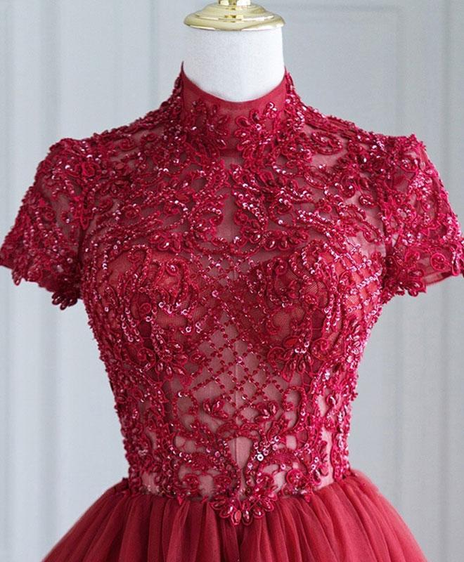 Dark Red Lace High Neckline Beaded Prom Dress, Tulle Evening Dress Formal Dress