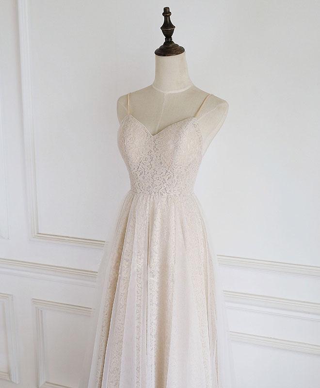 Light Champagne Lace Straps Sweetheart Party Dress Formal Dress, Tea Length Wedding Party Dress