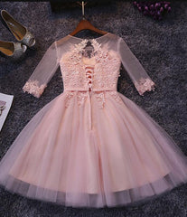 Pink Short Sleeves Tulle with Lace Applique Wedding Party Dress, Lovely Junior Prom Dress