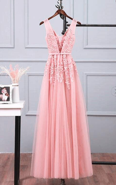 Pink V-neckline Long Party Dress, Tulle Bridesmaid Dresses