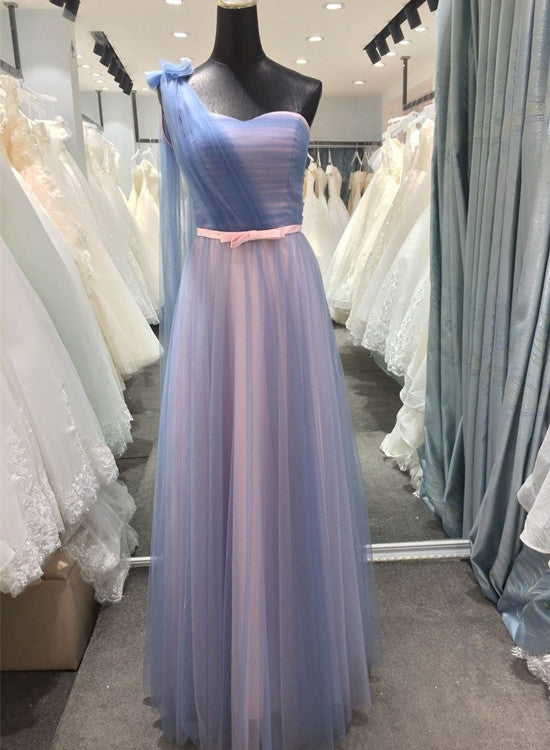 Pink And Blue Tulle Long Formal Gown, One Shoulder Bridesmaid Dress, Prom Dresses