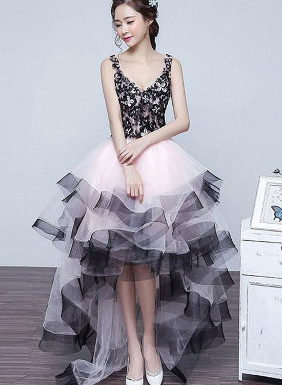 Charming Pink High Low Dress with Black Applique, Lovely Formal Dress, Homecoming Dresses