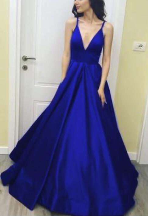 Royal Blue Straps A-line Prom Gowns, Blue Party Dresses, Floor Length Party Dresses