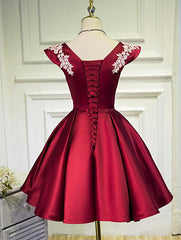 Wine Red Cap Sleeves Short Party Dresses, Satin Formal Dresses, Cute Party Dresses