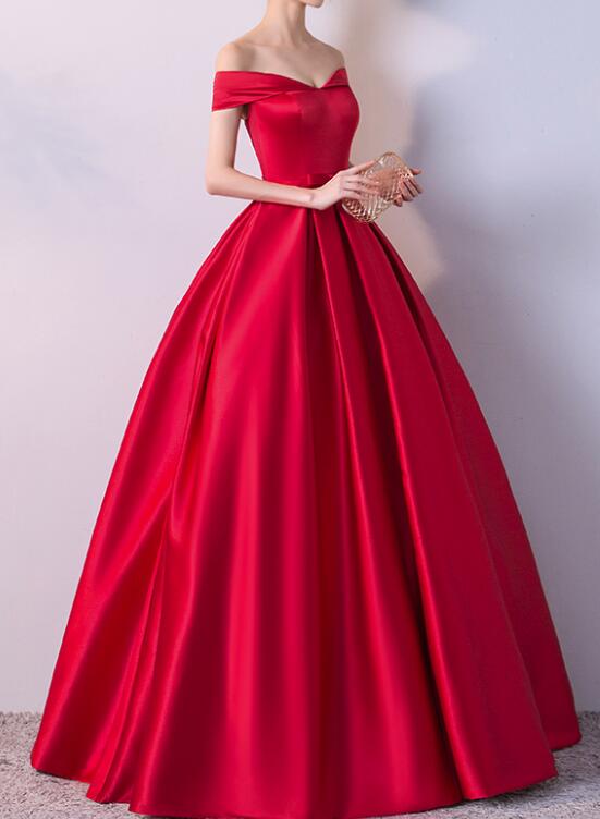 Red Gorgeous Satin Off Shoulder Prom Gown, Red Party Dresses, Formal Dresses