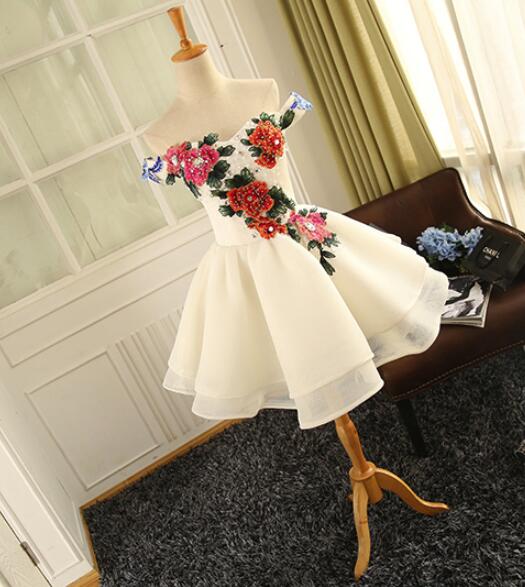 White Off Shoulder Short Party Dress with Embroidery, Lovely Graduation Dresses