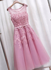 Pink Tea Length Formal Dress, Lace Applique Party Dresses