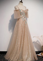 Charming Champagne Tulle and Sequins Long Party Dress, A-line Prom Dress