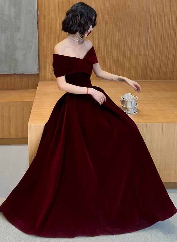Beautiful Dark Red Velvet Off Shoulder Bridesmaid Dress, A-line Long Prom Dress