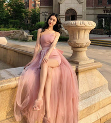 Pink Tulle Long Formal Dress Party Dress, Pink Tulle and Satin Prom Dress