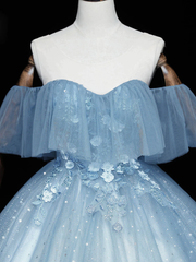 Blue Sweetheart Ball Gown Tulle Off Shoulder Party Dress, Blue Formal Dress Prom Dress