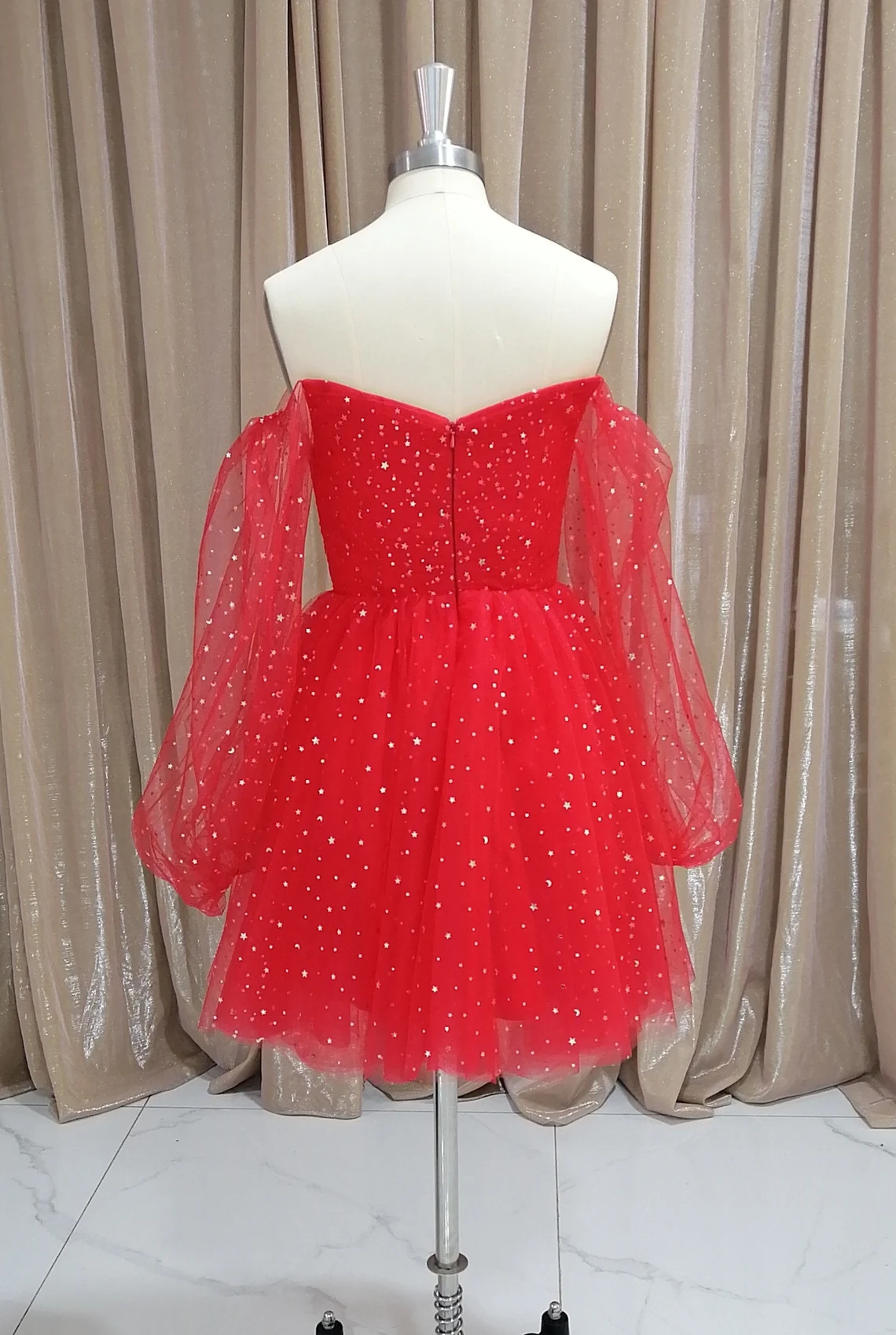 Red Tulle Long Puffy Sleeves Short Prom Dress, Red Tulle Homecoming Dress