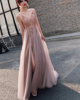 Pink Beaded High Slit Spaghetti Straps Long Junior Prom Dress, V Back Party Dress