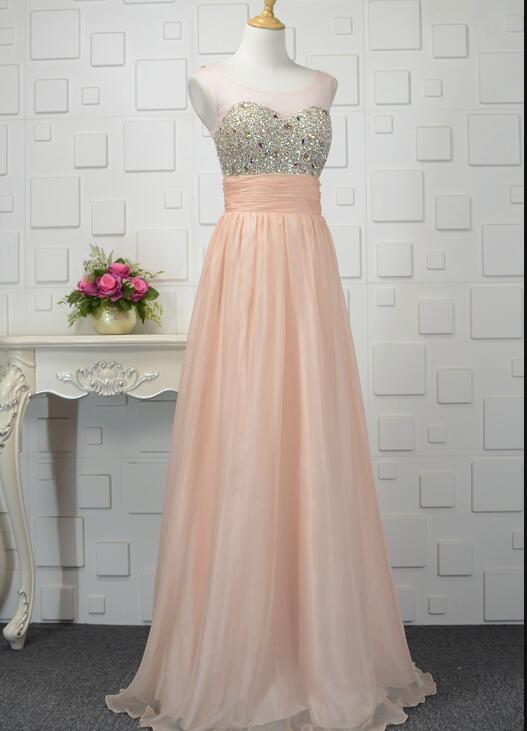 Beautiful Light Pink 30 D Chiffon Sequins Round Neckline Party Dress, Floor Length Party Dress, Prom Gowns