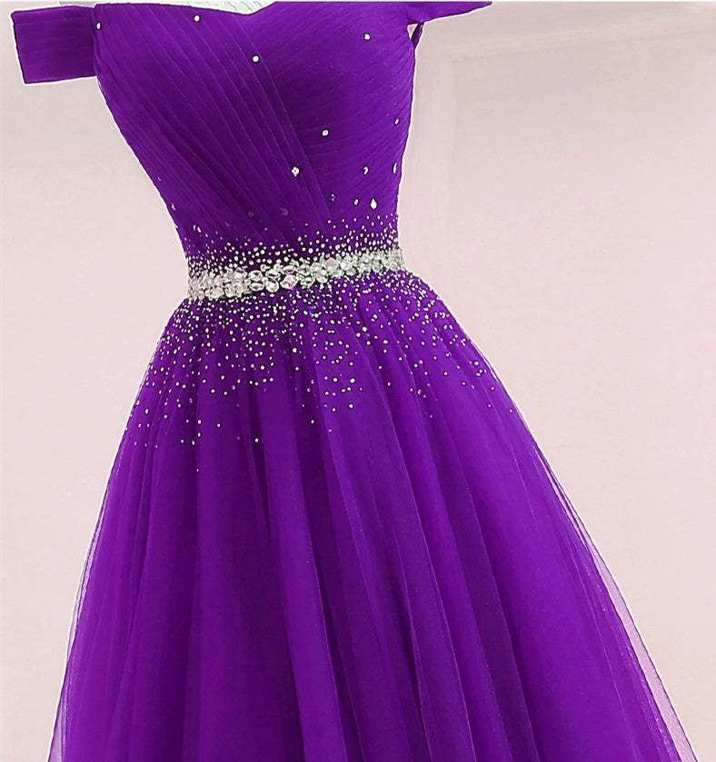 Purple Tulle Off Shoulder Long Party Dress, Beaded A-line Prom Dress
