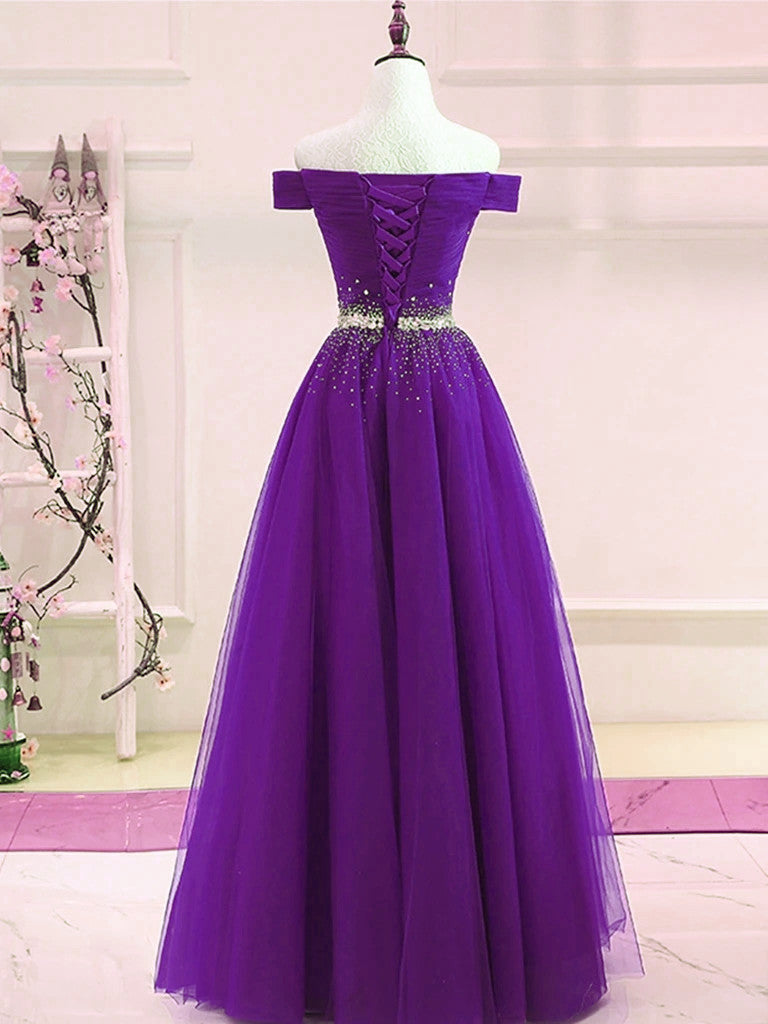 Purple Tulle Off Shoulder Long Party Dress, Beaded A-line Prom Dress