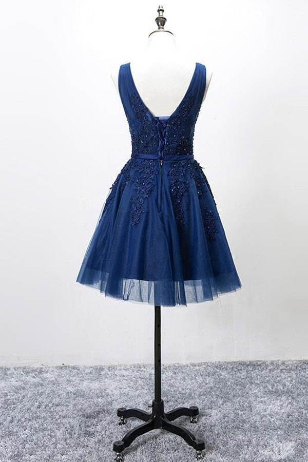 Navy Blue Homecoming Dresses, Short Prom Dresses, V-neckline Party Dresses