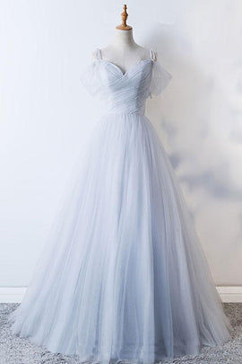 Gorgeous Light Grey Tulle Straps Beaded Party Dress, Grey Cute Long Formal Dress