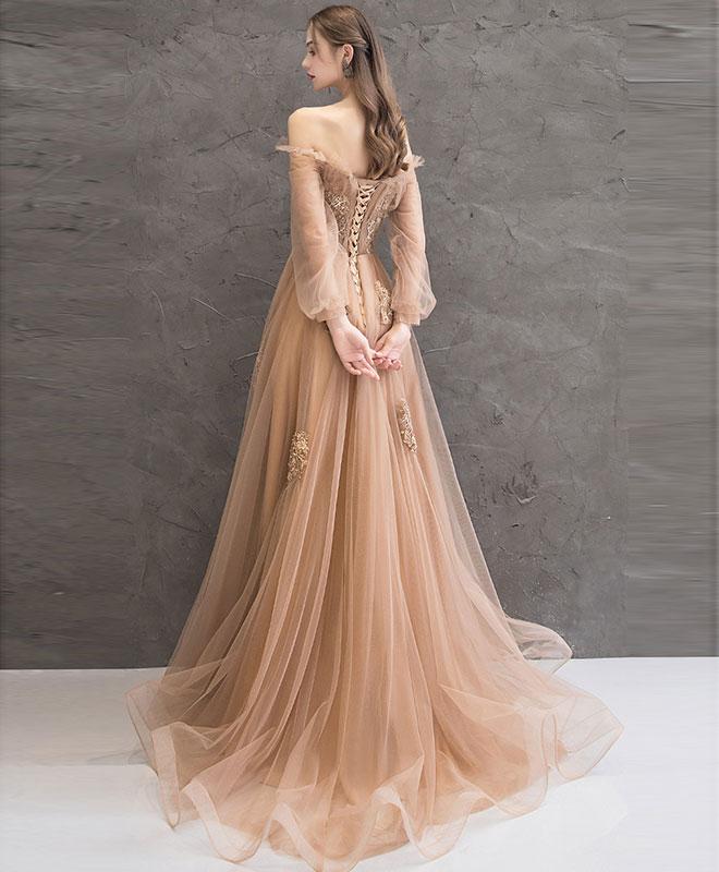 Charming Tulle Pink/Champagne Long Sleeves Junior Party Dress, A-line Formal Dress Evening Dress