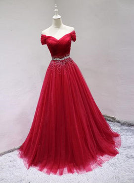 Beautiful Red Tulle Long Sweetheart Prom Dress , Junior Party Dresses
