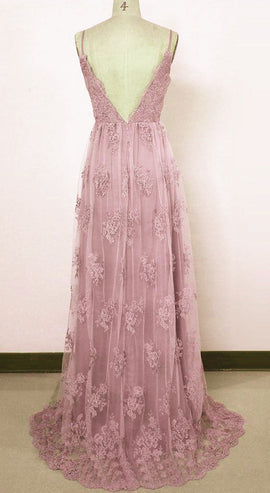 Beautiful Spaghetti Straps Lace Prom Dresses,Pink Lace A-line Party Dress
