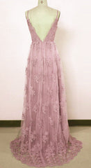 Beautiful Spaghetti Straps Lace Prom Dresses,Pink Lace A-line Party Dress
