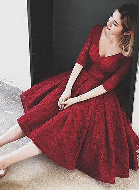 Tea Length Lace Wine Red Homecoming Dress
