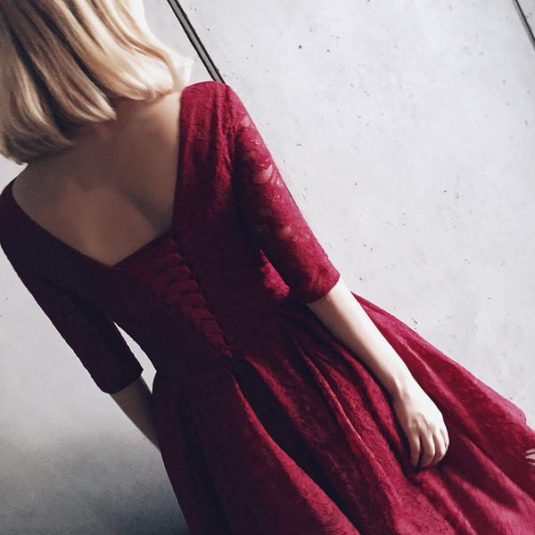Lovely V Neck Half Sleeves Wine Red Lace Homecoming Dress, Tea Length Prom Dress