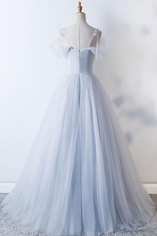 Gorgeous Light Grey Tulle Straps Beaded Party Dress, Grey Cute Long Formal Dress
