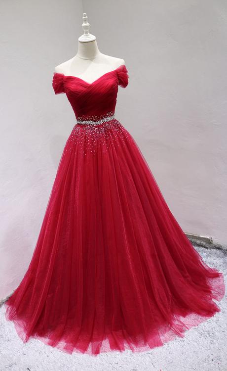 Beautiful Red Tulle Long Sweetheart Prom Dress , Junior Party Dresses