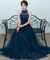 Beautiful Navy Blue Halter Tulle Prom Dress , Blue Long Formal Gown