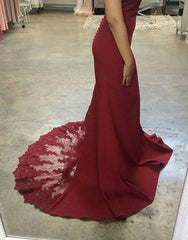 Dark Red Off Shoulder Spandex Mermaid Evening Gown with Lace Applique, Beautiful Prom Gown