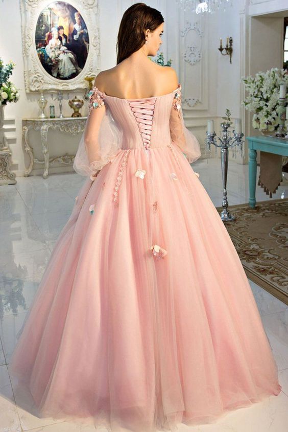 Pink Flowers Puffy Sleeves Tulle Long Party Dress, Ball Gown Pink Swee – Cutedressy