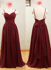 Simple Wine Red Chiffon Bridesmaid Dress with Bow, Floor Length Prom Dress, Wine Red Formal Dress