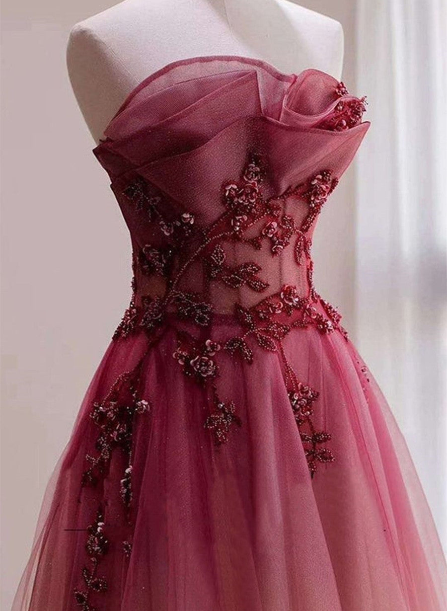 Red Beaded Gradient Tulle Long Party Dress, A-line Elegant Lace-up Pro Cutedressy Red Beaded Gradient Tulle Long Party Dress, A-line Elegant Lace-up Pro Cutedressy