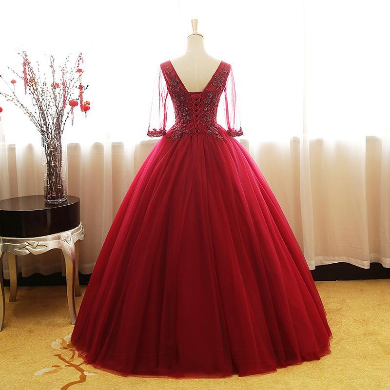 Wine Red 1/2 Sleeves Tulle Formal Gown ,Long Party Dress